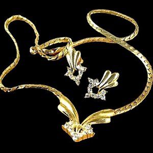 💞💗 Vintage Gold Luxury Faux Diamond Pendant Necklace & Matching Earrings Set